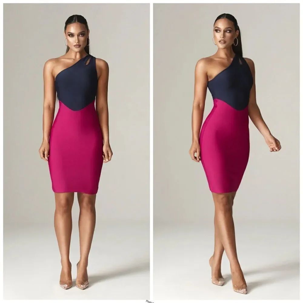 ALIEVA IRA TWO TONE BANDAGE Navy and Pink One-Shoulder Bodycon Mini Dress Size L